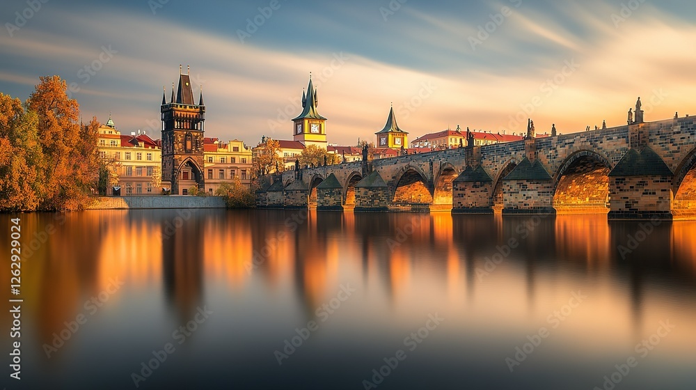 Fototapeta premium Golden Hour Sunrise Over Prague Charles Bridge