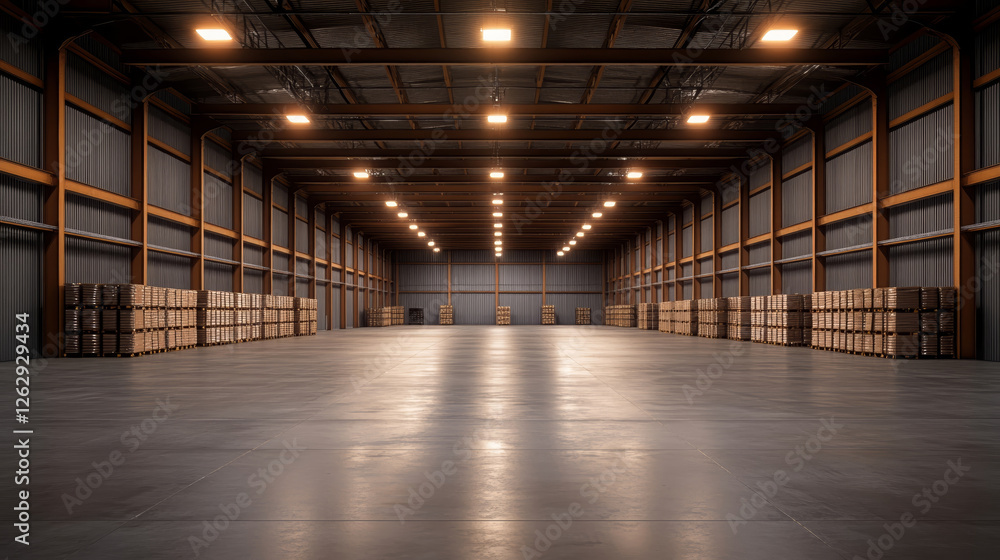 spacious high tech warehouse with organized storage, featuring rows of stacked pallets and bright overhead lighting. clean, industrial design enhances efficiency and productivity spacious high tech warehouse with organized storage, featuring rows of stacked pallets and bright overhead lighting. clean, industrial design enhances efficiency and productivity