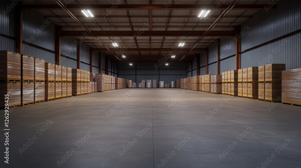 spacious high tech warehouse with neatly stacked wooden pallets, showcasing organized storage area. bright lighting enhances modern industrial feel of space spacious high tech warehouse with neatly stacked wooden pallets, showcasing organized storage area. bright lighting enhances modern industrial feel of space