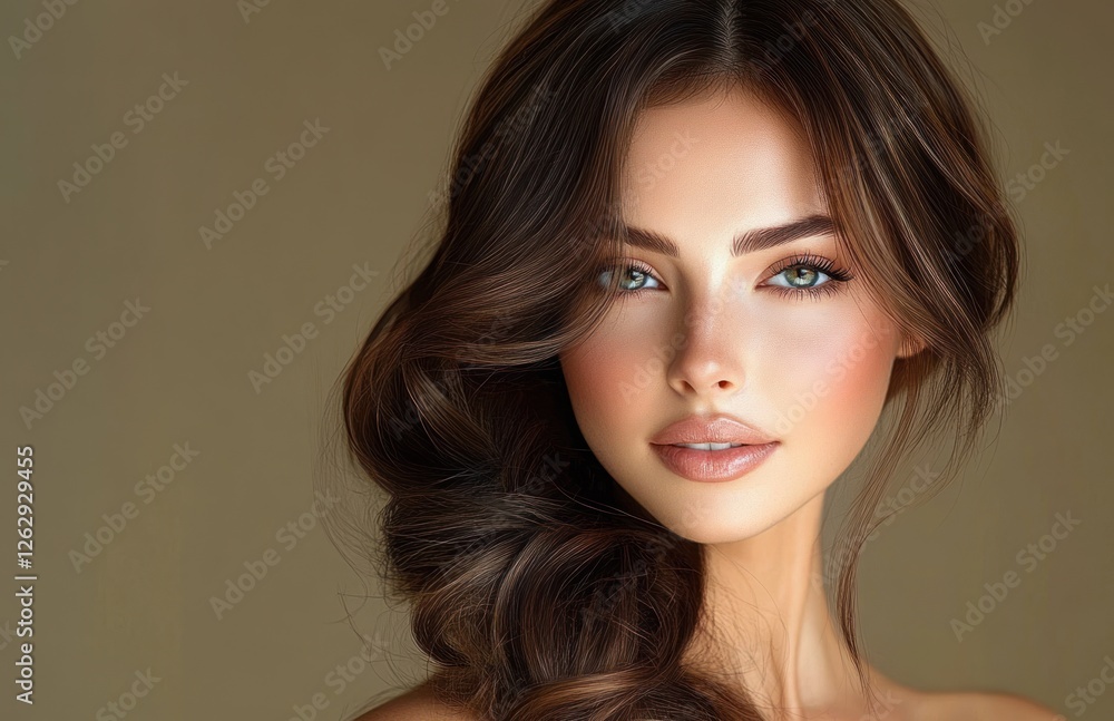 Fototapeta premium Elegant woman with luxurious hair in trendy jewelry and natural makeup showcasing beauty and style