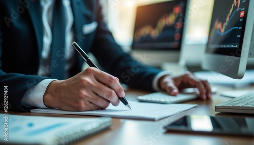 High-detail professional image of a stock broker writing notes while analyzing stock trends on a computer
