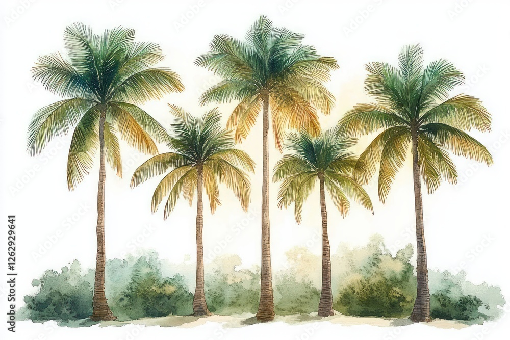 Watercolor Illustration of Five Palm Trees in Tropical Paradise with Soft Natural Light on White Background Watercolor Illustration of Five Palm Trees in Tropical Paradise with Soft Natural Light on White Background