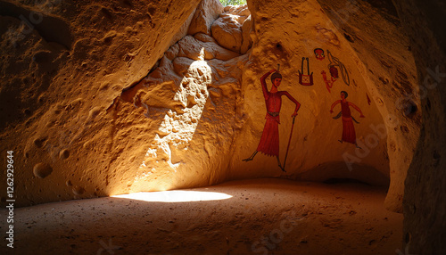 Ancient cave paintings depicting historical figures illuminated by natural light in a rocky chamber