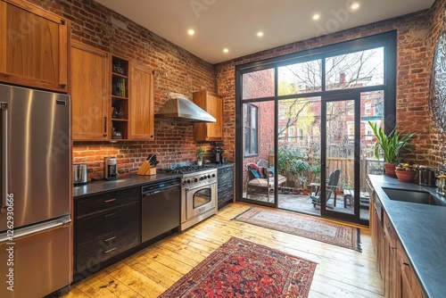 Modern kitchen with wooden cabinets and exposed brick walls in a cozy urban apartment featuring a small outdoor space