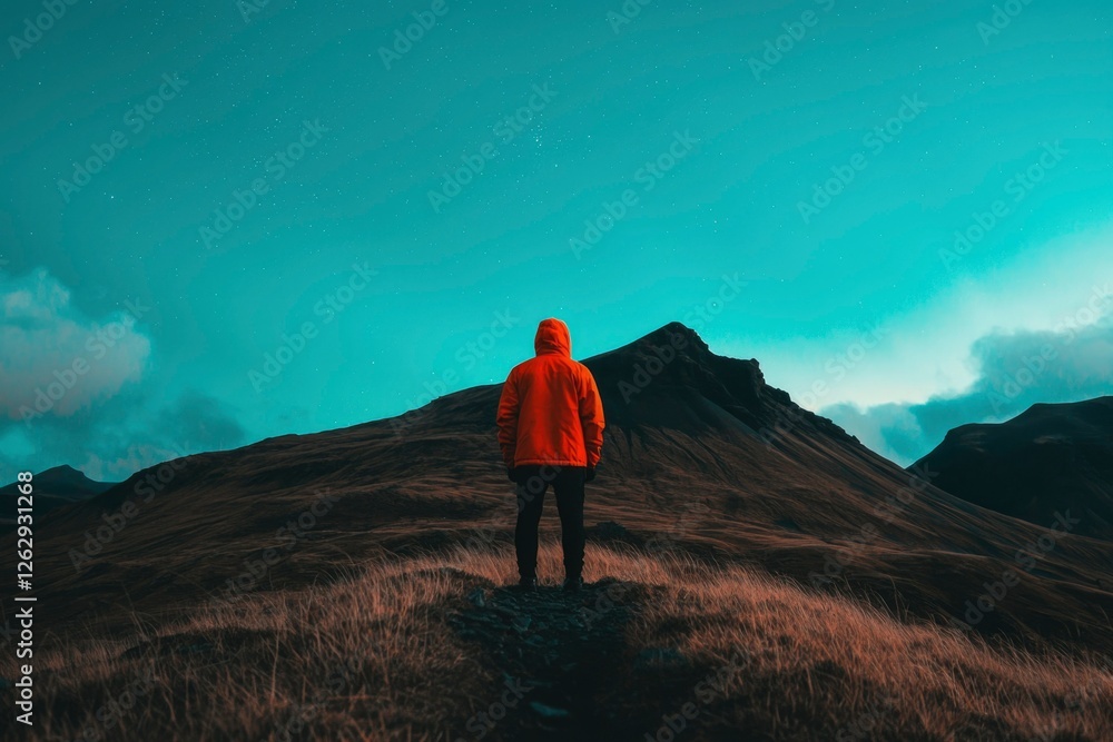 Fototapeta premium Person Contemplating Mountain Landscape at Dusk