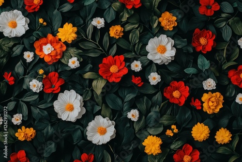 Wallpaper Mural Vibrant floral background featuring red, white, and yellow flowers with lush green leaves, perfect for spring or summer designs and projects Torontodigital.ca