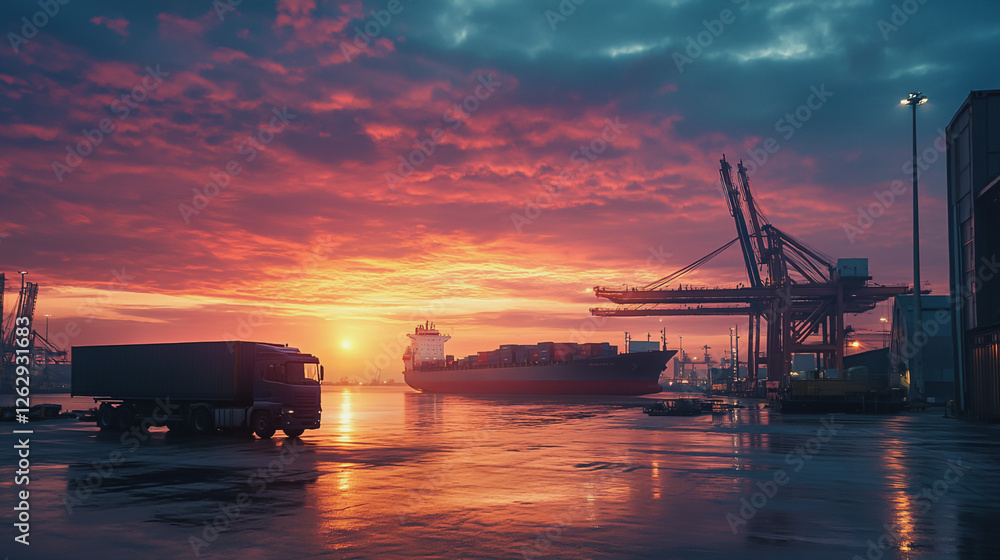 Obraz premium Container truck in ship port for business Logistics and transportation of Container Cargo ship and Cargo plane with working crane bridge in shipyard at sunrise, logistic import export and transport