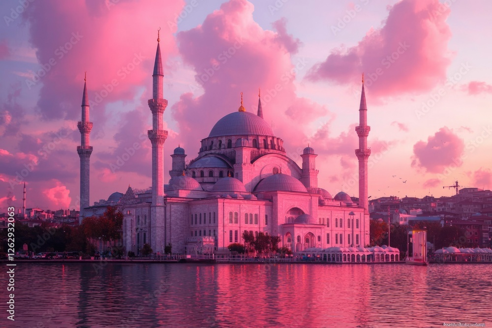 Obraz premium Pink Sunset Mosque Istanbul, Beautiful Religious Landmark, Calm Water Reflection