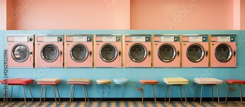 Bright and colorful laundromat interior with vintage washing machines and seating