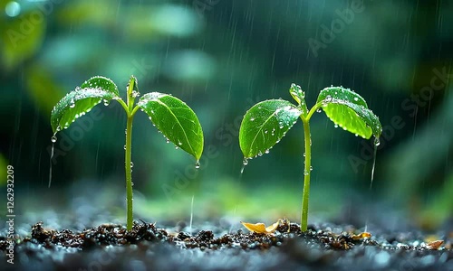young Twin Plants Sprouting on Wet Ground, Rain Drops Highlighting Their Growth