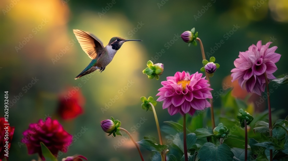 Fototapeta premium Hummingbird in Flight Among Dahlias: A Serene Garden Moment