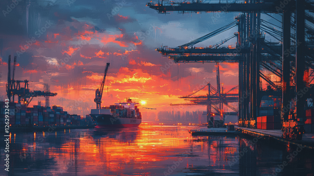 Obraz premium Container truck in ship port for business Logistics and transportation of Container Cargo ship and Cargo plane with working crane bridge in shipyard at sunrise, logistic import export and transport