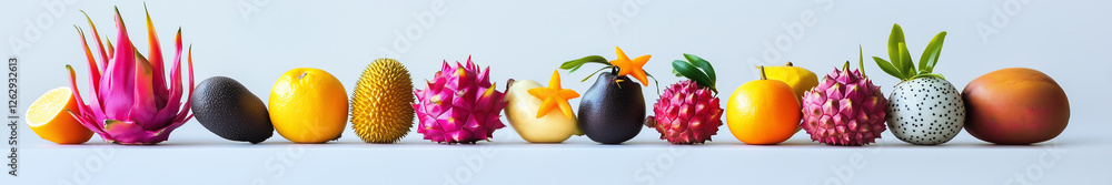 Panoramic display of exotic fruits in a row on a light blue background Panoramic display of exotic fruits in a row on a light blue background