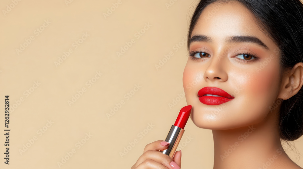 profile shot of woman applying bright red lipstick, showcasing confident and stylish look. warm background enhances her radiant beauty and vibrant color of lipstick profile shot of woman applying bright red lipstick, showcasing confident and stylish look. warm background enhances her radiant beauty and vibrant color of lipstick