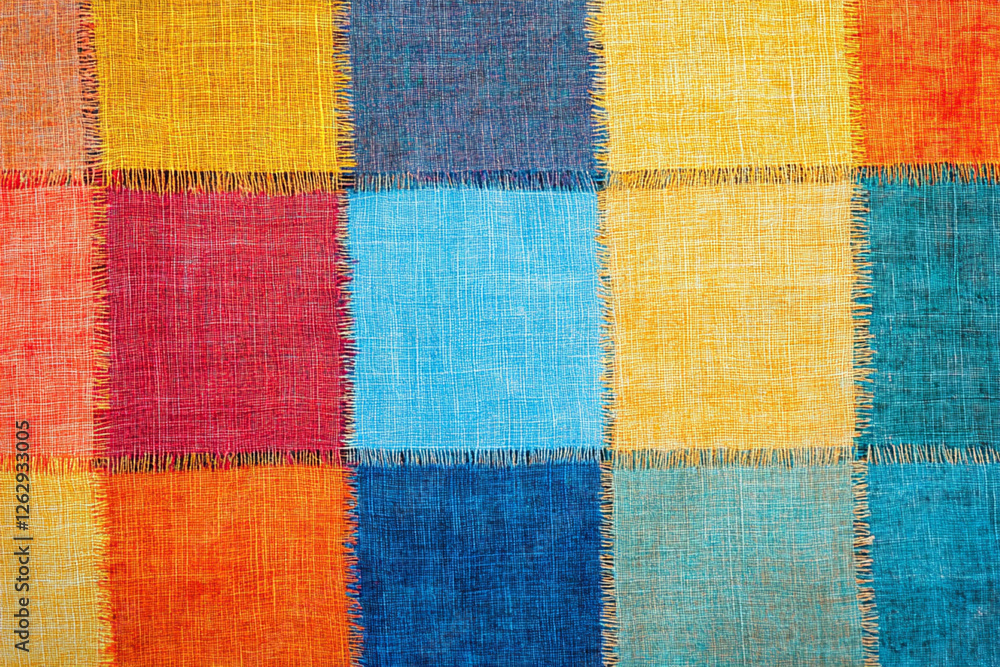 Classic checkered pattern in bright colors on a fabric background with visible threads, textures, patterns Classic checkered pattern in bright colors on a fabric background with visible threads, textures, patterns