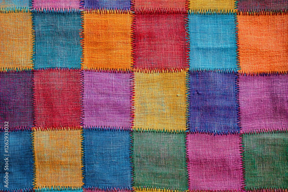 Classic checkered pattern in bright colors on a fabric background with visible threads, textures, patterns Classic checkered pattern in bright colors on a fabric background with visible threads, textures, patterns