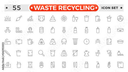 Waste Recycling outline icons. Garbage disposal. Trash separation, waste sorting with further recycling. Plastic bottle, biodegradable trash, junk truck, landfill, paper, glass, battery, conveyor.