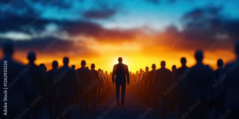A lone figure walks towards a vibrant sunset, surrounded by shadowy silhouettes of people, evoking themes of solitude and determination. A lone figure walks towards a vibrant sunset, surrounded by shadowy silhouettes of people, evoking themes of solitude and determination.