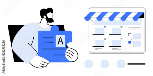 Man holds a puzzle piece with letter A examining an online storefront interface. Ideal for e-commerce, web design, online shopping, business strategy, marketing, digital solutions, teamwork. Abstract