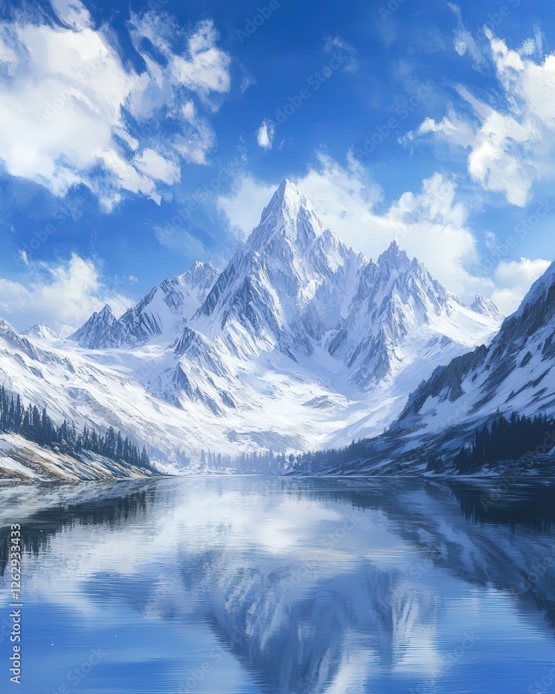 snowy peaks encircle a calm lake, their reflections shimmering like a dream against the backdrop of a brilliant blue sky snowy peaks encircle a calm lake, their reflections shimmering like a dream against the backdrop of a brilliant blue sky