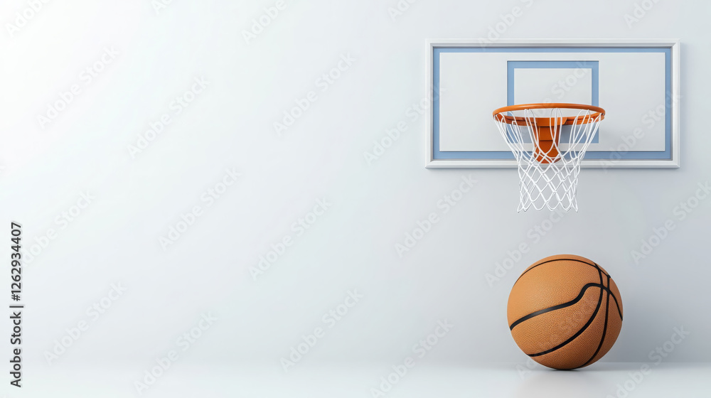 simple 3D image of basketball positioned near hoop on minimalist background, evoking sense of sport and playfulness simple 3D image of basketball positioned near hoop on minimalist background, evoking sense of sport and playfulness