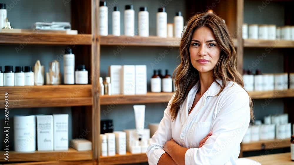 Confident beauty business owner standing in front of neatly arranged skincare products. Professional woman in modern cosmetics store. Confident beauty business owner standing in front of neatly arranged skincare products. Professional woman in modern cosmetics store.