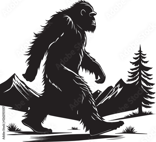 Giant Bigfoot Yeti silhouette vector illustration and black and white cartoon illustration of a big foot and black and white cartoon illustration