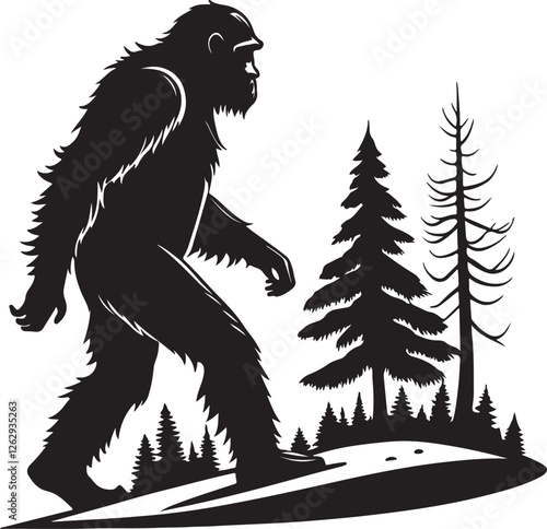Giant Bigfoot Yeti silhouette vector illustration and black and white cartoon illustration of a big foot and black and white cartoon illustration