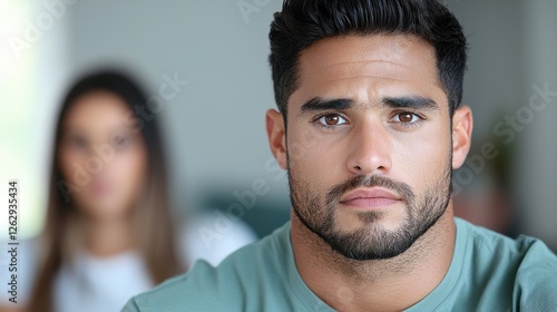 Closeup of a handsome Indian man with a beard and intense pensive expression captured in a professional studio portrait  He has a serious