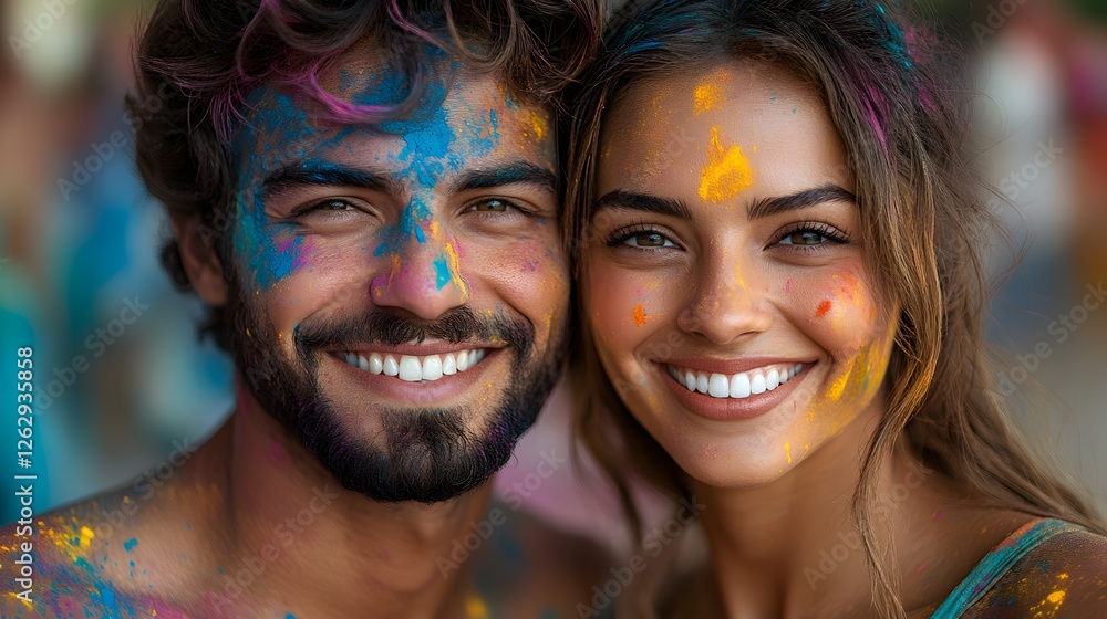 Young couple celebrating Holi with playful color smudges on their faces, expressing love and happiness Young couple celebrating Holi with playful color smudges on their faces, expressing love and happiness
