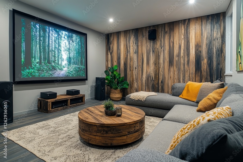 Modern home theater with forest-themed projection and cozy seating in inviting living space Modern home theater with forest-themed projection and cozy seating in inviting living space