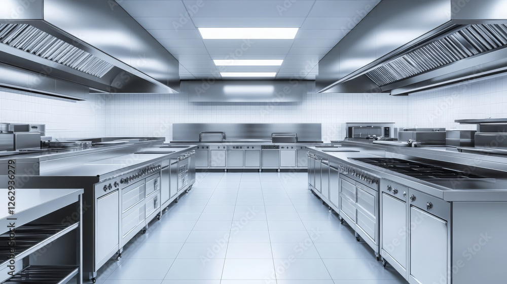 vast empty restaurant kitchen featuring industrial stainless steel appliances, spacious layout, and modern design, ideal for culinary professionals vast empty restaurant kitchen featuring industrial stainless steel appliances, spacious layout, and modern design, ideal for culinary professionals