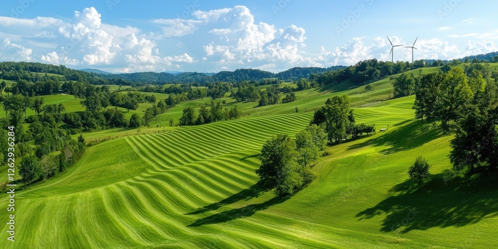 Fototapeta premium A lush green landscape with a solar farm and wind turbines, emphasizing sustainable energy production under a clear sky