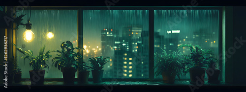 A window of an apartment overlooking the city at night, it's raining outside
