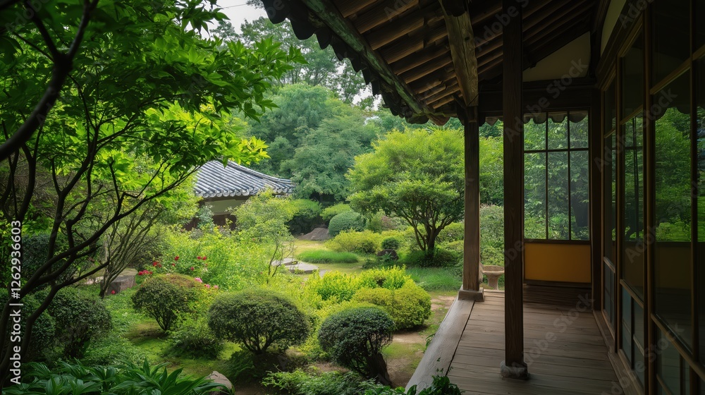 Tranquil Garden View From Wooden Porch. Keywords garden, asian, architecture, nature, greenery, fo Tranquil Garden View From Wooden Porch. Keywords garden, asian, architecture, nature, greenery, fo