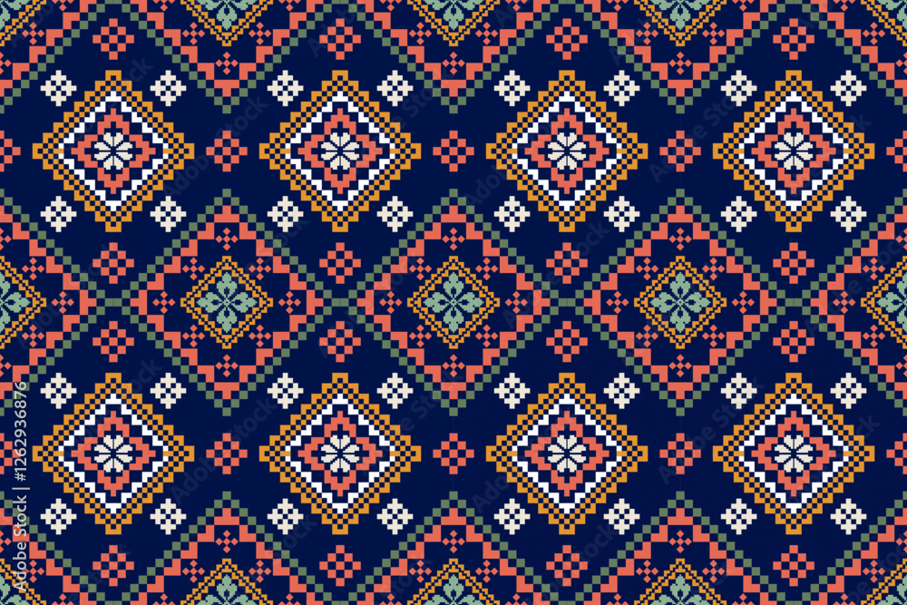 Ethnic Patterns. Cross Stitch Embroidery. Traditional Design for texture, textile, fabric, clothing, Knitwear, scarf, carpet, rug, saree, border Geometric pixel ethnic seamless vector. Pixel ethnic Ethnic Patterns. Cross Stitch Embroidery. Traditional Design for texture, textile, fabric, clothing, Knitwear, scarf, carpet, rug, saree, border Geometric pixel ethnic seamless vector. Pixel ethnic