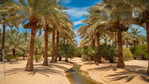 A Middle Eastern farmer harvesting ripe dates from a tall date palm tree, using traditional tools. The background features a lush palm grove with rows of trees stretching into the distance.