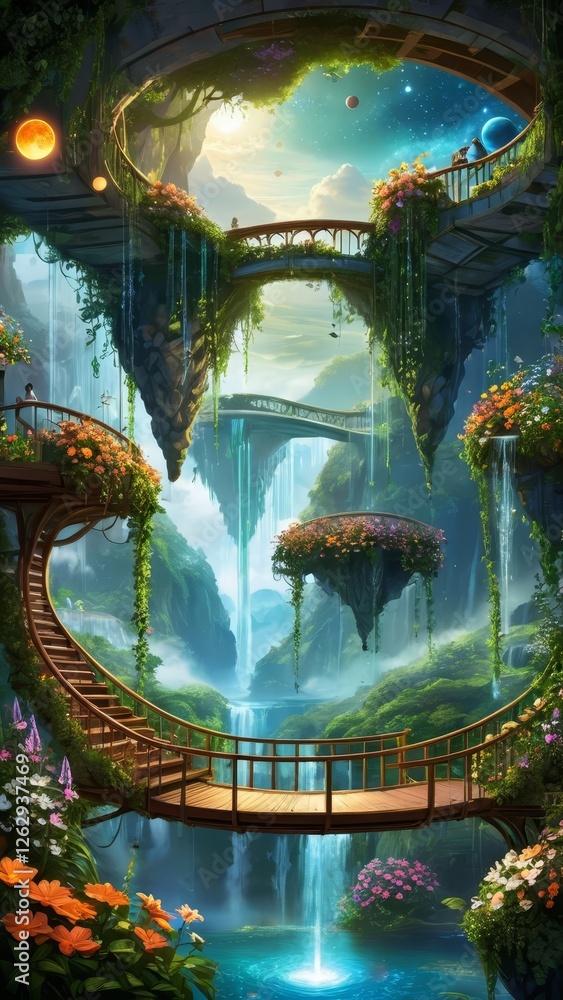 Obraz premium Ethereal Floating Gardens with Waterfalls and Bridges