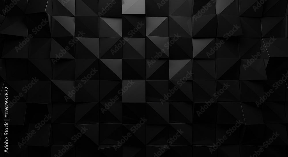 A modern 3D triangular tile wallpaper with polished, semi-gloss black blocks, creating a stylish geometric wall background. A modern 3D triangular tile wallpaper with polished, semi-gloss black blocks, creating a stylish geometric wall background.