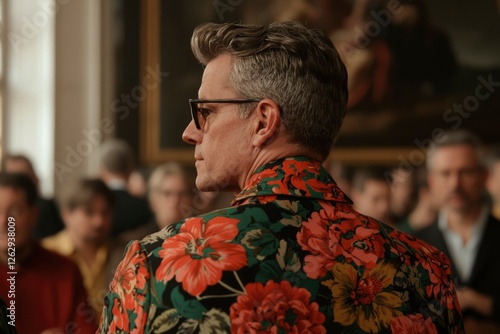 Man in floral jacket, historical setting, meeting photo