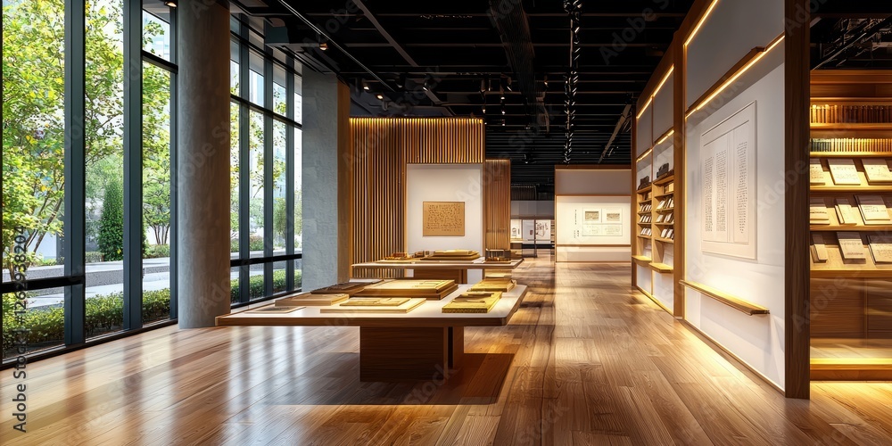 Fototapeta premium Virtual library showcasing ancient historical documents, with digital exhibition screens in the background, emphasizing cultural preservation