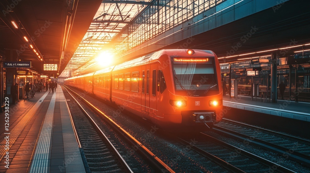 Naklejka premium Sunset train arrival at modern station with commuters