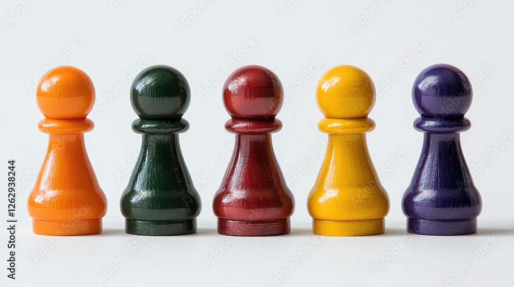 Colorful wooden game pieces arranged in row, showcasing vibrant hues of orange, green, red, yellow, and purple. These pieces symbolize fun and strategy in board games Colorful wooden game pieces arranged in row, showcasing vibrant hues of orange, green, red, yellow, and purple. These pieces symbolize fun and strategy in board games