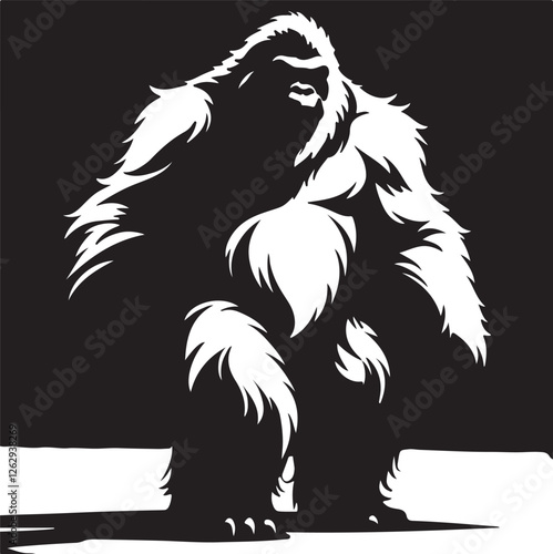 Giant Bigfoot Yeti silhouette vector illustration and black and white cartoon illustration of a big foot and black and white cartoon illustration