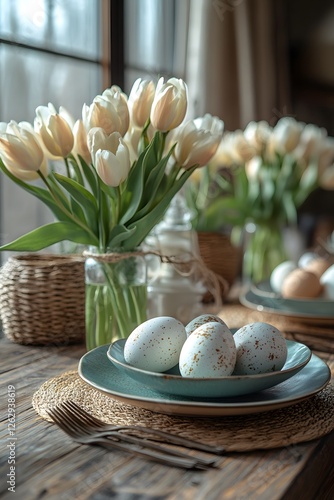 Festive Easter table setting with decorated eggs, blooming tulips, and a rustic wooden background photo