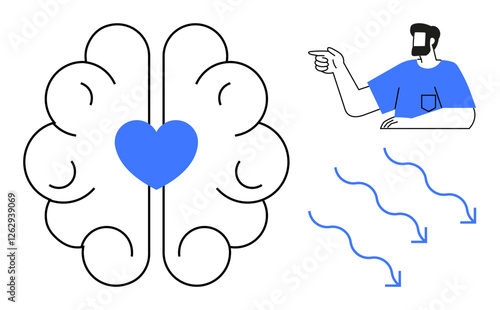 Central heart within brain outlines, adjacent person gesturing. Ideal for mental health, decision-making, emotional intelligence, human connection, guidance, direction compassion. Modern abstract