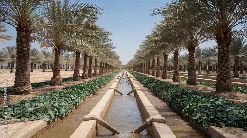 Fototapeta premium A Middle Eastern farmer harvesting ripe dates from a tall date palm tree, using traditional tools. The background features a lush palm grove with rows of trees stretching into the distance.
