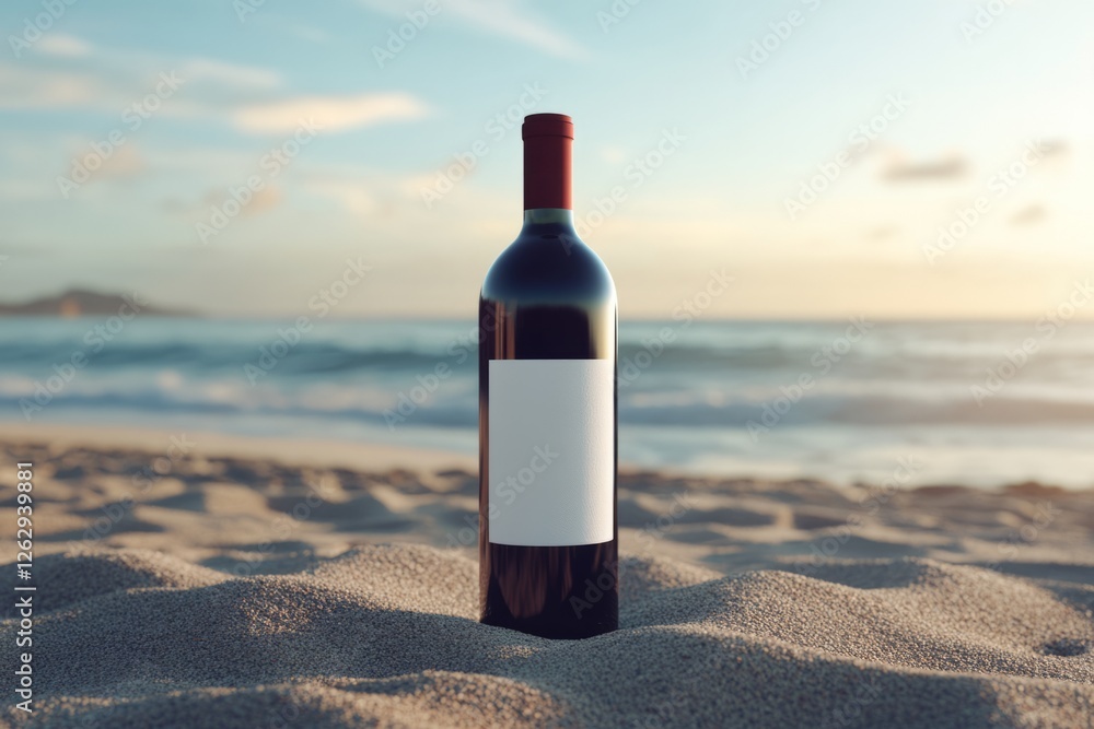 Red wine bottle mockup with white label on sandy beach. Wine branding Red wine bottle mockup with white label on sandy beach. Wine branding