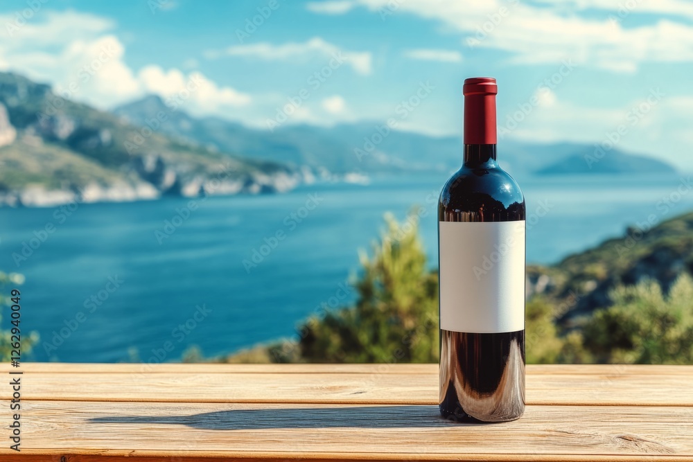 Red wine bottle mockup with white label and ocean and mountain view. Wine branding Red wine bottle mockup with white label and ocean and mountain view. Wine branding