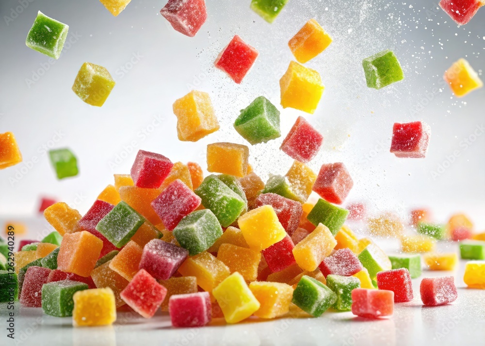 A mesmerizing long exposure: candied pineapple and multicolored sweets fall gracefully on white. A mesmerizing long exposure: candied pineapple and multicolored sweets fall gracefully on white.